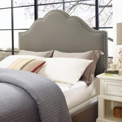 New ???? Crosley Furniture Preston Camelback Upholstered Full/Queen Headboard In Shadow Gray Linen ????