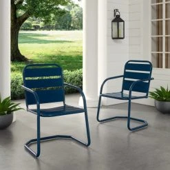 Promo ???? Crosley Furniture Baie Verte Blue Metal Chairs (Set Of 2) By Havenside Home ????