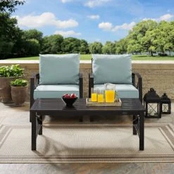 New ???? Crosley Furniture Kaplan 3 Pc Outdoor Seating Set With Mist Cushion - Two Outdoor Chairs, Coffee Table ????