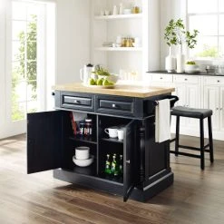 Flash Sale ???? Crosley Furniture Oxford Butcher Block Top Kitchen Island In Black Finish With 24" Black Upholstered Saddle Stools ???? -Crosley Furniture Shop unnamed file 3086