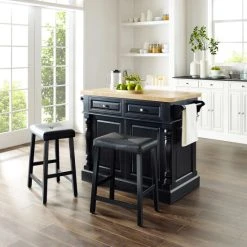 Flash Sale ???? Crosley Furniture Oxford Butcher Block Top Kitchen Island In Black Finish With 24" Black Upholstered Saddle Stools ???? -Crosley Furniture Shop unnamed file 3087