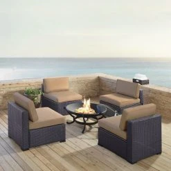 Best Pirce ???? Crosley Furniture Biscayne 5-piece Mist Wicker Outdoor Seating Set Of Four Center Chairs And Ashland Firepit ????