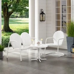 Deals ???? Crosley Furniture Griffith 3 Piece Metal Outdoor Conversation Seating Set - Loveseat & Chair In White Finish With Side Table In White Finish ????