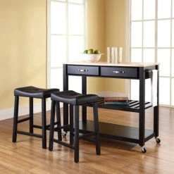 Buy ???? Crosley Furniture Black Natural Wood Top Kitchen Cart And Island With Black 24-inch Upholstered Saddle Stools ????