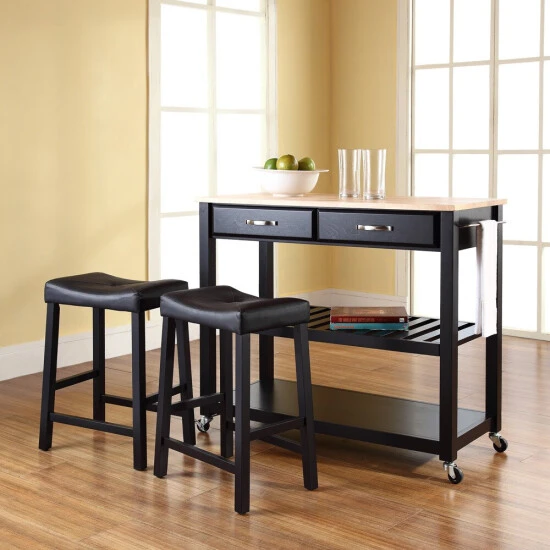 Buy ???? Crosley Furniture Black Natural Wood Top Kitchen Cart And Island With Black 24-inch Upholstered Saddle Stools ???? 3 Buy ???? Crosley Furniture Black Natural Wood Top Kitchen Cart And Island With Black 24-inch Upholstered Saddle Stools ????