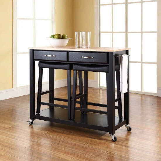 Buy ???? Crosley Furniture Black Natural Wood Top Kitchen Cart And Island With Black 24-inch Upholstered Saddle Stools ???? 4 Buy ???? Crosley Furniture Black Natural Wood Top Kitchen Cart And Island With Black 24-inch Upholstered Saddle Stools ???? - Image 2