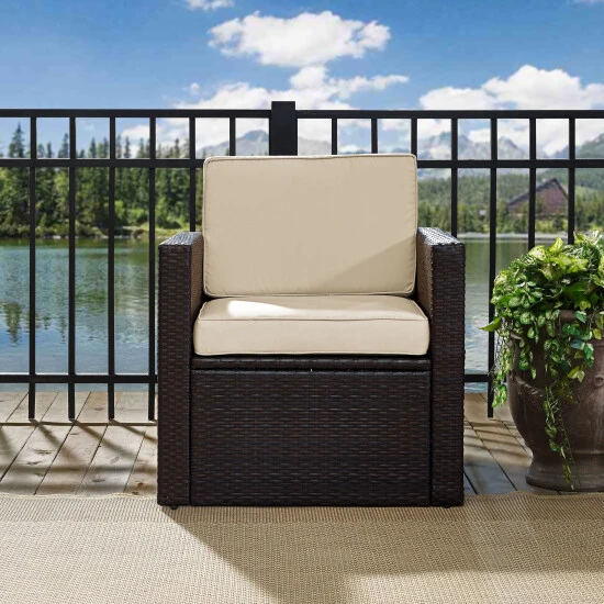 New ???? Crosley Furniture Palm Harbor Outdoor Wicker Arm Chair In Brown With Sand Cushions ???? 4 New ???? Crosley Furniture Palm Harbor Outdoor Wicker Arm Chair In Brown With Sand Cushions ???? - Image 2
