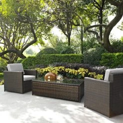 New ???? Crosley Furniture Palm Harbor 3 Piece Outdoor Wicker Seating Set With Grey Cushions ????