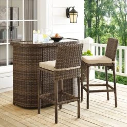 New ❤️ Crosley Furniture Bradenton Outdoor Brown Wicker 3-Piece Bar Set With Sand Cushions ????