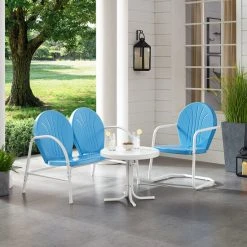 Best Pirce ???? Crosley Furniture Griffith 3 Piece Metal Outdoor Conversation Set - Loveseat & Chair In Sky Blue Finish With Side Table In White Finish ✨