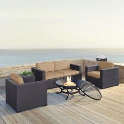 Buy ???? Crosley Furniture Biscayne 5-piece Mist Wicker Outdoor Seating Set Of Two Armchairs, Two Corner Chairs, And Ashland Firepit ????