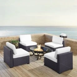 Budget ???? Crosley Furniture Biscayne 5-piece White Wicker Outdoor Seating Set Of Four Center Chairs And Ashland Firepit ❤️
