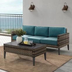 Budget ✨ Crosley Furniture Prescott 2Pc Outdoor Wicker Sofa Set Mineral Blue ????