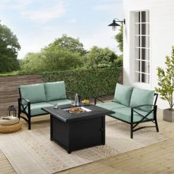 New ???? Crosley Furniture Kaplan 3Pc Outdoor Conversation Set W/Fire Table Mist ????