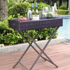 Best Sale ???? Crosley Furniture Crosley Palm Harbor Wicker Outdoor Butler Tray - 28 "W X 18 "D X 32 "H ⭐