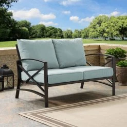 Outlet ⭐ Crosley Furniture Kaplan Loveseat In Oiled Bronze With Mist Universal Cushion Cover ????