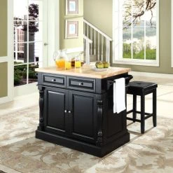 Best deal ???? Crosley Furniture Oxford Butcher Block Top Kitchen Island In Black Finish With Stools - 47.75 "W X 23 "D X 35.75 "H ????